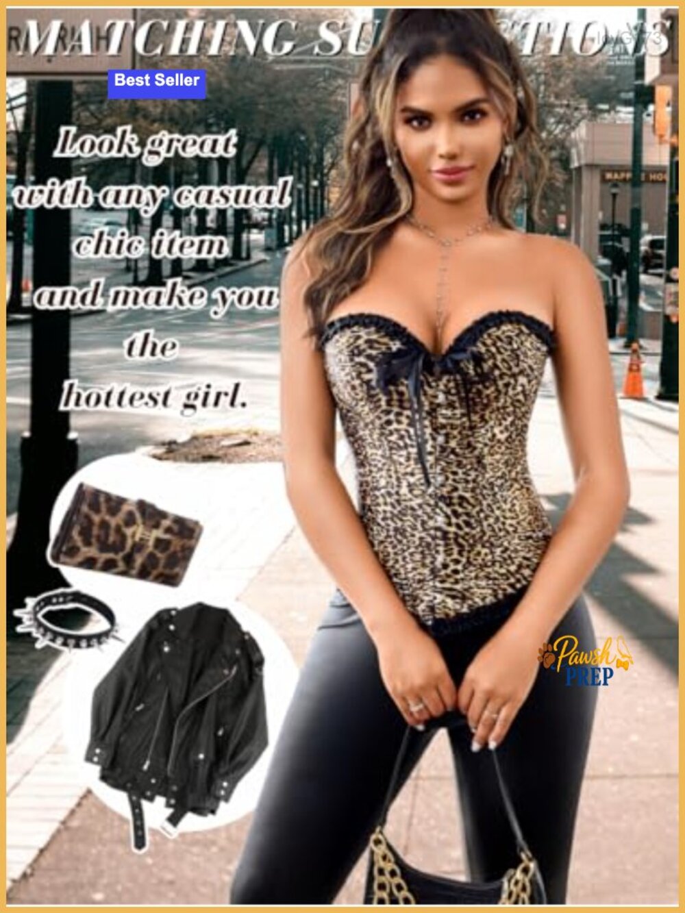 Women's Leopard Print Satin Corset Lace-Up Shapewear Bustier - Picture 4 of 6